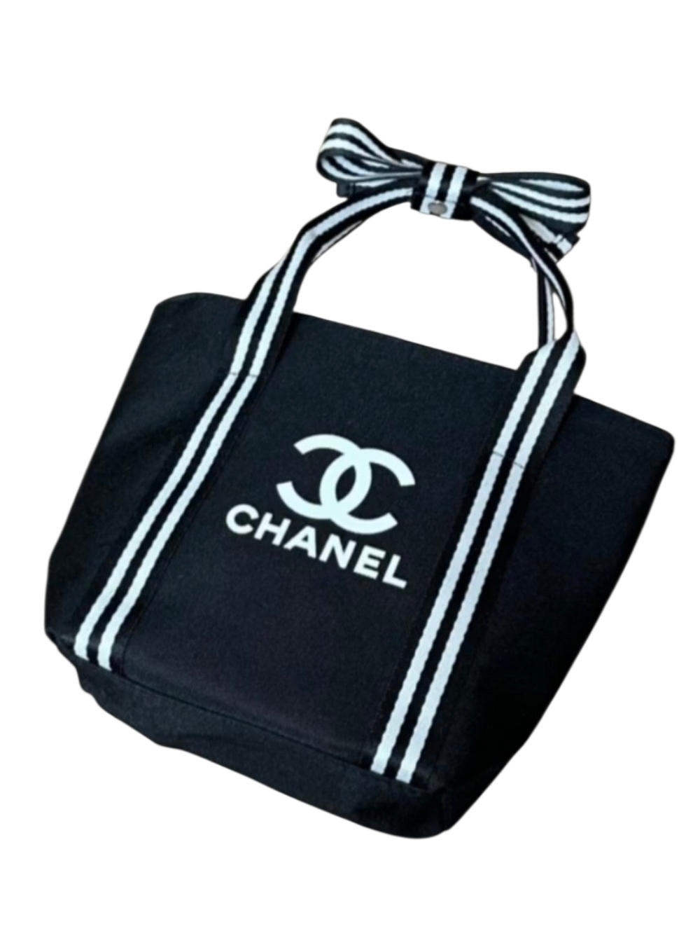 CHANEL Novelty Ribbon Mini Tote Bag Black With White- New
